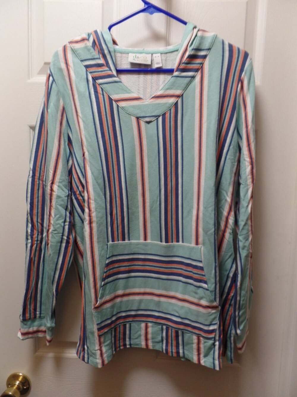Denim & Co. XL 18 20 SUMMER BeAcH Active Striped French Terry Baja Hooded Top Aq